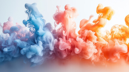 Obraz premium A vibrant cloud of smoke, a kaleidoscope of hues, erupted in a sudden burst, its colors swirling like a cosmic ballet against a stark white backdrop, inviting the viewer's imagination to explore 