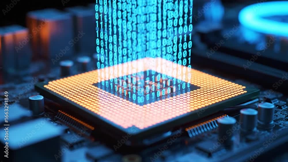 Poster orange cpu with blue binary code on circuit board technology concept