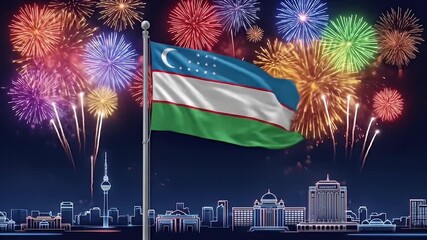 Azerbaijani flag waving proudly with colorful fireworks display