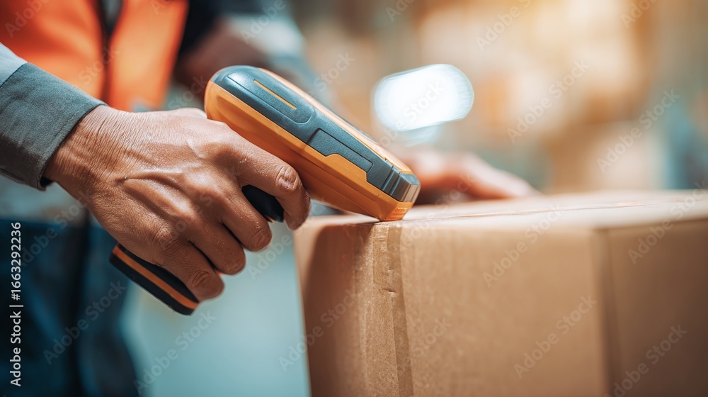 Poster scanning package in a warehouse with a portable scanner. checking shipment details to ensure accurac