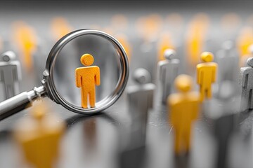 Magnifying glass focuses on a single gold figure among many gray figures, symbolizing talent search or candidate selection
