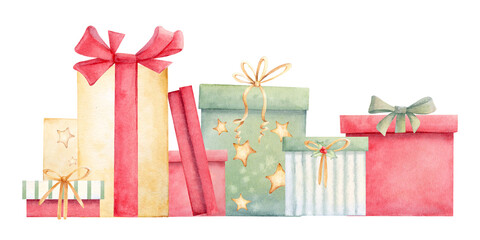 Composition of gift boxes of yellow, red and green colors with beautiful bows on a white background. Watercolor illustration for decoration and design in New Year and Christmas style
