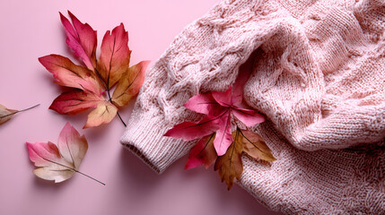 Cozy knitted sweater with colorful autumn leaves on a soft pastel background during fall season