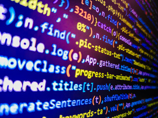 Programmer workplace. Stock market pricing abstract. React HTML, native concept on LC. Web development work concept. Developer working on software codes in office. SEO concepts for better SERP