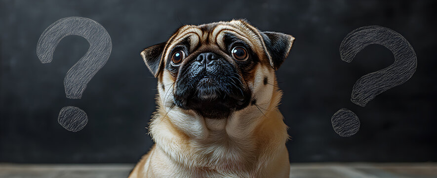 Cute pug dog looking inquisitive with an expressive face, reflecting curiosity and the idea of pondering life’s mysteries or unanswered questions in a humorous and charming way.