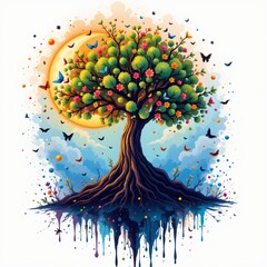 a delightful mystical tree sitting on the moon, in a vibrant cartoon style with paint splashes on a white background.