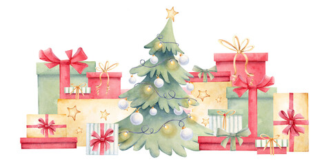 Composition of New Year tree and gift boxes of yellow, red and green colors with beautiful bows on a white background. Watercolor illustration for decoration and design in New Year and Christmas style