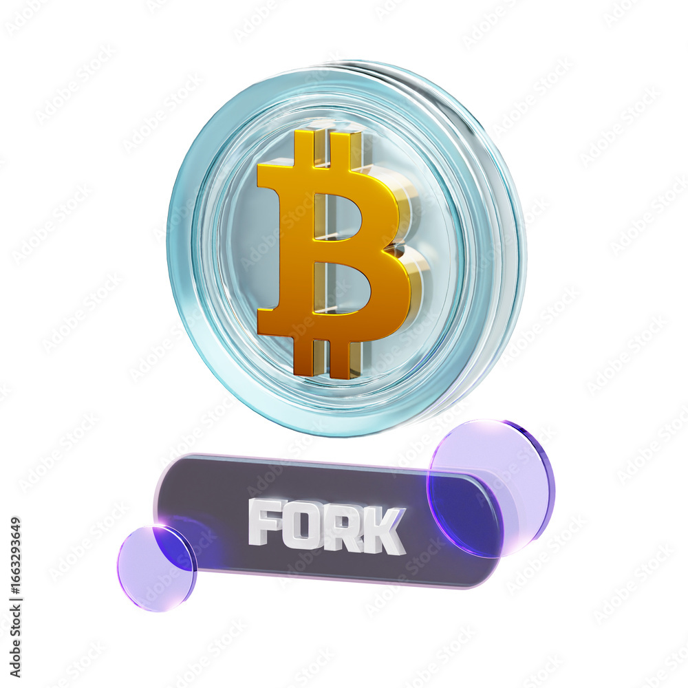 Aufkleber 3d rendered bitcoin symbol in a clear coin above a 'fork' button with purple light effects, represen
