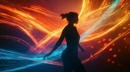 Silhouette of a woman walking through glowing orange and blue light trails, abstract futuristic motion concept, artistic energy flow and modern technology visualization background