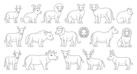 Minimalist outline illustrations of various mammals, including lions, deer, and horned animals, for graphic design.