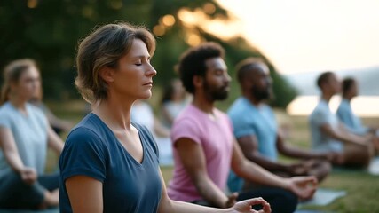 Wellness Retreat: A peaceful group yoga and meditation session unfolds in a tranquil outdoor environment. People embracing mindfulness, relaxation, balance, spirituality and healthy lifestyle