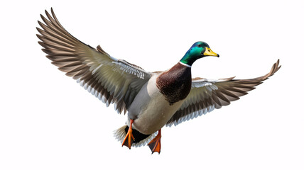 Obraz premium Mallard Duck in Flight with Wings Extended | Isolated Bird for Wildlife and Nature Stock Photography