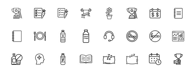 set of Positive Habits line icon and editable stock Trophy in Hand , Calendar and Clock , Pillow with Zzz , Open Book , Sports Drink , No Alcohol Allowed, Cigarette Prohibition and more 