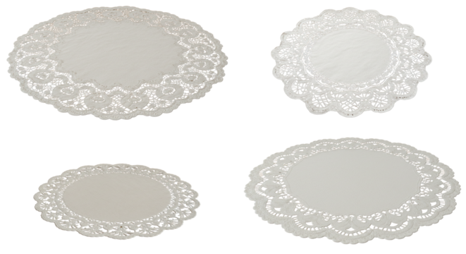 Lace paper doilies in various shapes and sizes on white background  