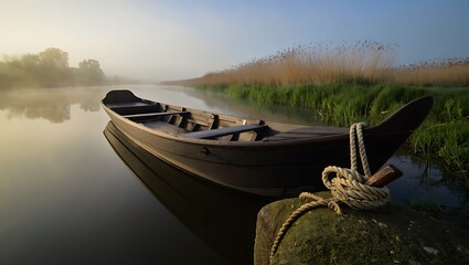A serene misty morning by the tranquil river with an old wooden boat docked peacefully on the calm water a quiet and beautiful natural landscape