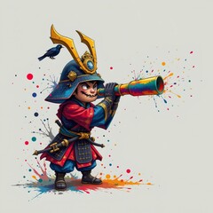 a fantastical samurai looking through a telescope, in a vibrant cartoon style with paint splashes on a white background.