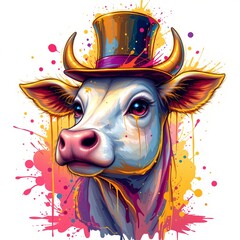 a glowing cow wearing a top hat, in a vibrant cartoon style with paint splashes on a white background.