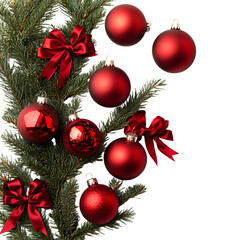Festive Red Christmas Ornaments with Bows on Spruce Branch