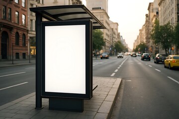 Blank billboard stands prominently at an urban bus stop during the warm glow of late afternoon