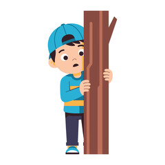 Peek-a-Boo: A curious young boy peers from behind a textured tree, his eyes wide with a sense of wonder, capturing the playful spirit of childhood.