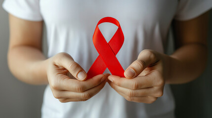 &ldquo;Hand Holding Red Ribbon &ndash; World AIDS Day, Cancer Awareness and Healthcare Concept&rdquo;