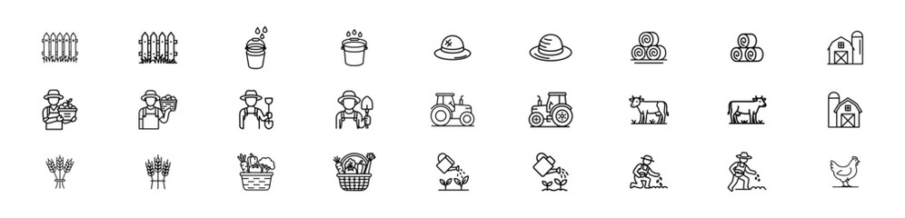 set of farmer activities line icon and editable stock for Farmer with Basket , Fence and Grass , Stacked Hay , Straw Hat, Milk Bucket ,Silo Icon, Basket of Vegetables ,Watering Can and more 