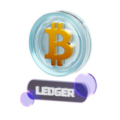 A 3D rendered golden Bitcoin symbol floating above a dark hardware wallet, with translucent purple...