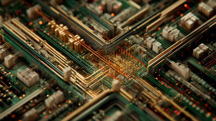 Obraz premium A computer chip under zoomed view showing intricate network 