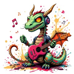 a mischievous dragon robot listening to music, in a vibrant cartoon style with paint splashes on a white background.