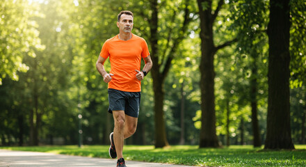 A person is running through a park during the daytime, enjoying the sunlight and fresh air while wearing athletic clothing and maintaining a healthy lifestyle.