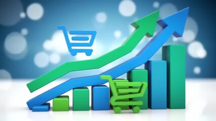 Colorful 3D graph showing increasing sales trends with shopping cart icons against a blurred background
