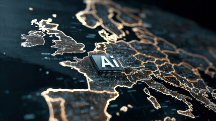 Artificial Intelligence Integration in Europe Shown by a CPU on a Digital Glowing Map
