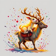 a glowing calf riding a reindeer, in a vibrant cartoon style with paint splashes on a white background.