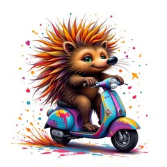 a imaginative porcupine riding a scooter, in a vibrant cartoon style with paint splashes on a white background.