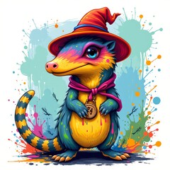 a imaginative anteater wearing a costume, in a vibrant cartoon style with paint splashes on a white background.