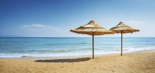 Fototapeta premium The iconic beach umbrellas creating a tranquil atmosphere by the seaside.