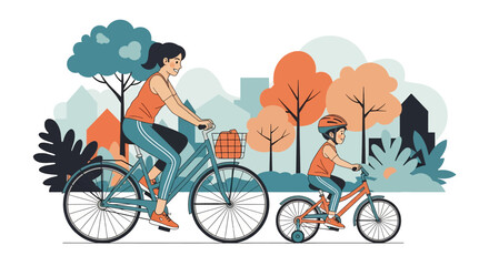 Adobe illustrator artwork vector illustration. A smiling mother and her young son wearing a helmet enjoy a leisurely bicycle ride through a scenic park with trees and houses in the distance