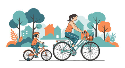 Naklejka premium Adobe illustrator artwork vector illustration. A smiling mother and her young son wearing a helmet enjoy a leisurely bicycle ride through a scenic park with trees and houses in the distance