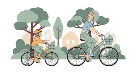 Adobe illustrator artwork vector illustration. A smiling mother and her young son wearing a helmet enjoy a leisurely bicycle ride through a scenic park with trees and houses in the distance