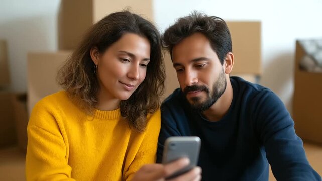 Home Interior: Joyful Middle Eastern couple embracing their new home journey together. Happy husband and wife sharing love and excitement while starting a fresh chapter in modern family life