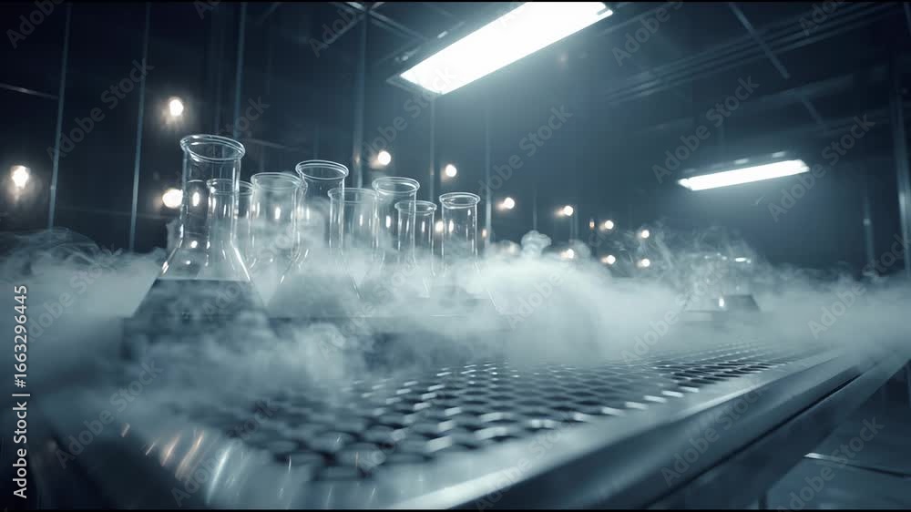 Poster laboratory setup showcasing experiments with glassware and vapor effects in a controlled environment