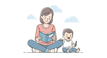 Adobe illustrator artwork vector illustration. A loving mother sitting cross-legged, reading a book to her happy toddler son who is nestled in her lap against a soft cloudy background