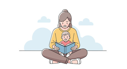 Adobe illustrator artwork vector illustration. A loving mother sitting cross-legged, reading a book to her happy toddler son who is nestled in her lap against a soft cloudy background