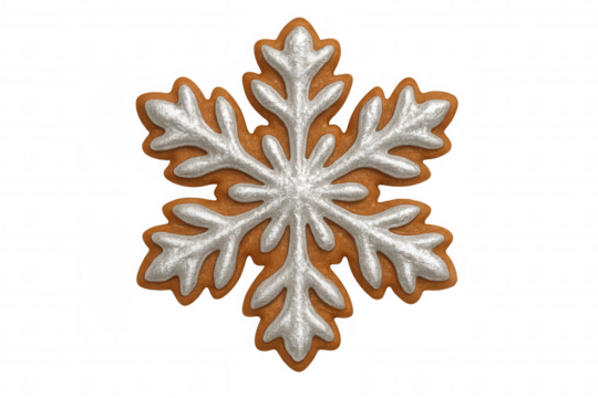 3d rendering of a gingerbread cookie shaped like a snowflake with silver icing, isolated on transparent background