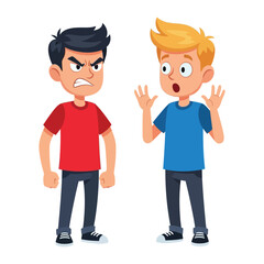 Conflict & Confusion: Illustration of two boys in the middle of conflict and confusion expressing anger and surprise.