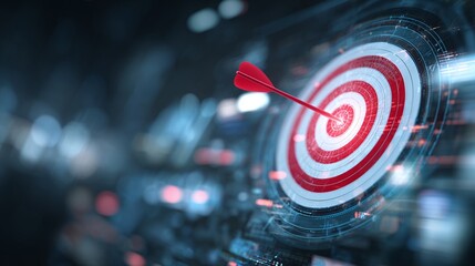 Precision target with an arrow hitting the bullseye, symbolizing achievement and accuracy against a blurred background with digital overlays.