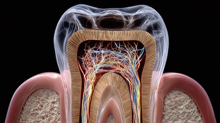 Dental Anatomy: A cross-section illustration showcases the intricate internal structures of a tooth, including enamel, dentin, pulp, and nerves.