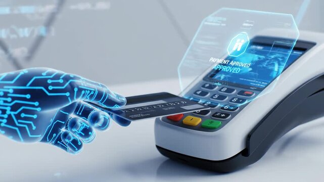 Futuristic Contactless Payment Transaction - A digital futuristic hand conducts a contactless payment using a credit card on a POS terminal.