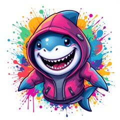a quirky shark wearing a hoodie, in a vibrant cartoon style with paint splashes on a white background.