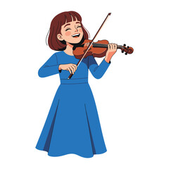 Melody in Blue: A smiling girl, radiates joy as she plays a violin with graceful artistry. She's creating music that shows her passion and joy of the art of music.